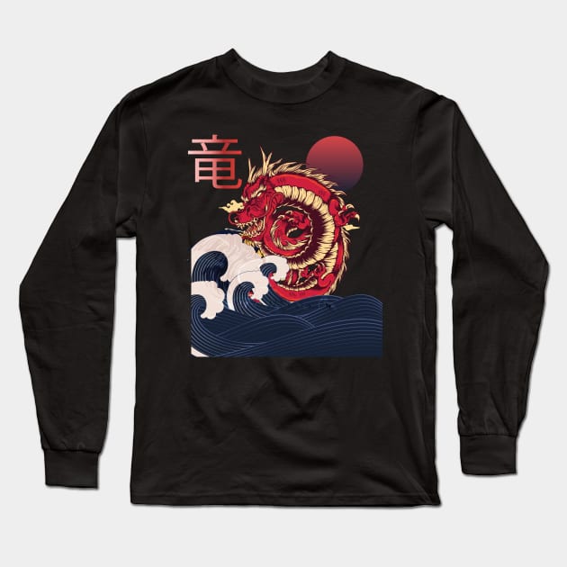 Japanese Anime Wave, Dragon and sun design Long Sleeve T-Shirt by laverdeden